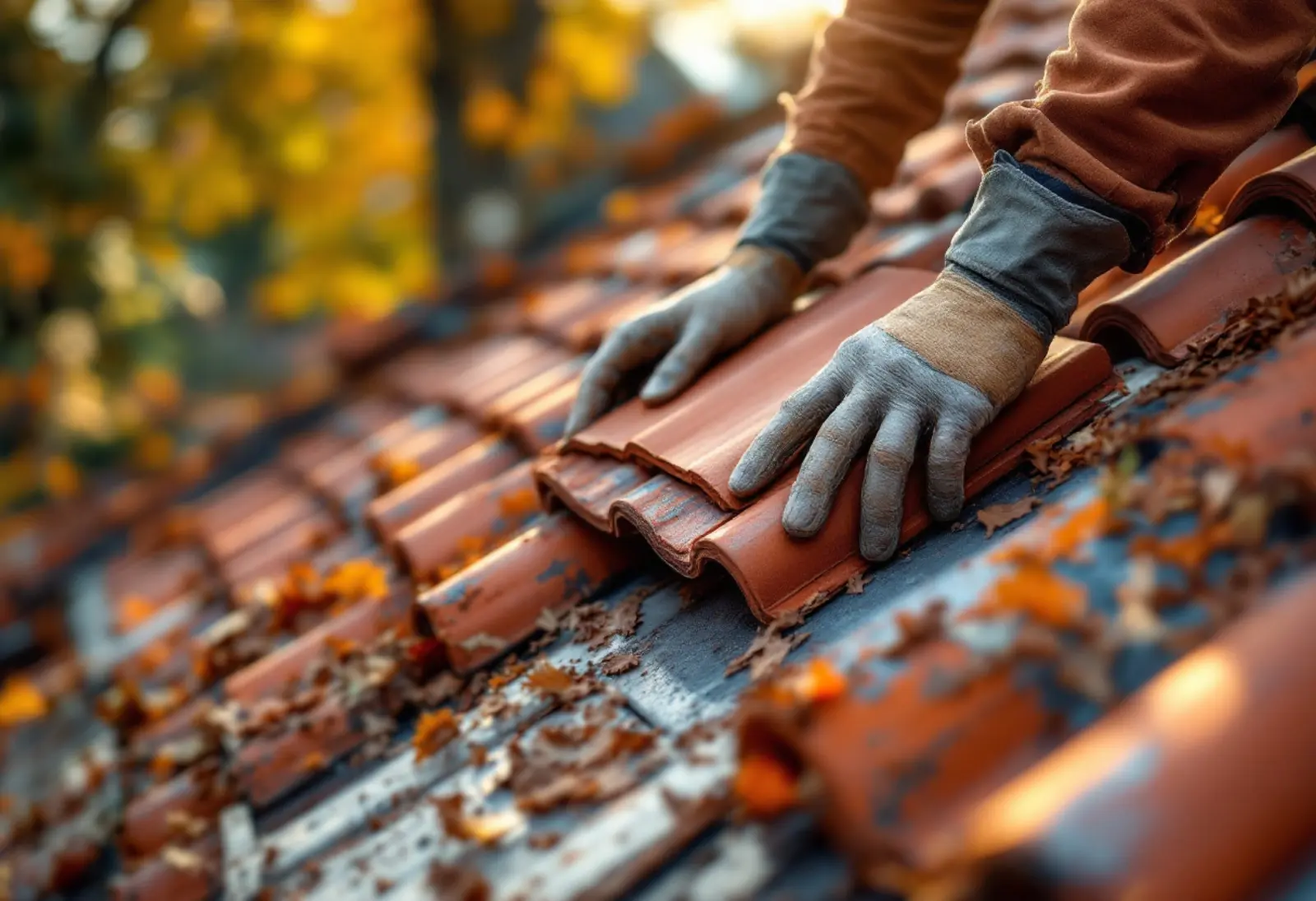 Mains gantées posant une tuile terre cuite sur une toiture en cours de rénovation